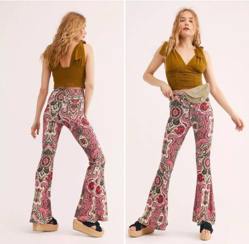 Free People Harper Flared Paisley Pant Bell Bottom Pink XS NWOT Boho Festival